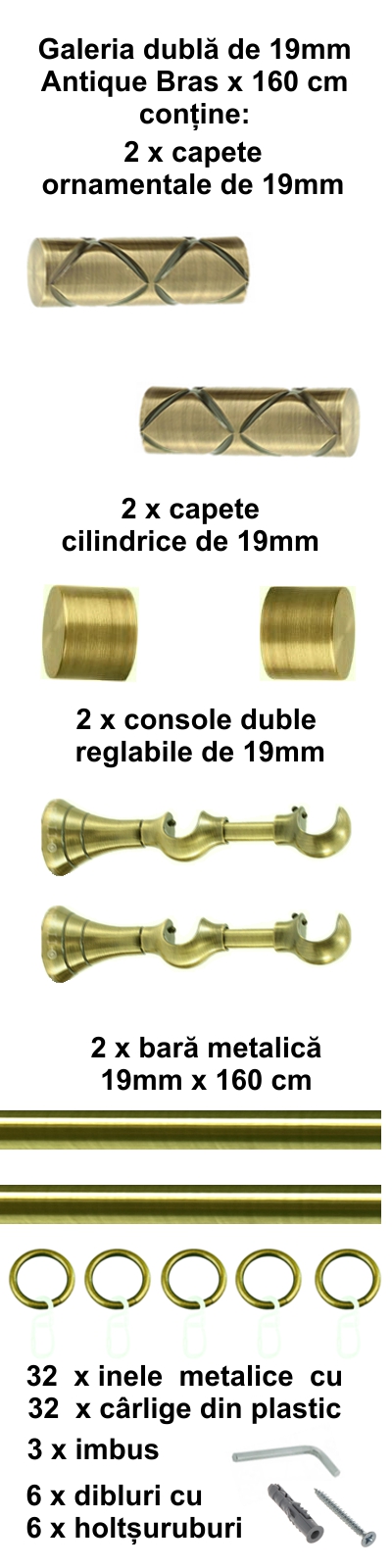 Galerie metalica Ciel dubla 19 mm, antique brass (auriu antic) - imagine 2