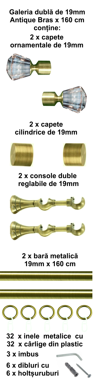 Galerie metalica Cristal dubla 19 mm, antique brass (auriu antic) - imagine 2