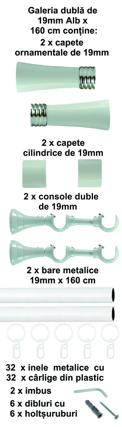 Galerie metalica Ahile dubla 19 mm, Alb - imagine 2