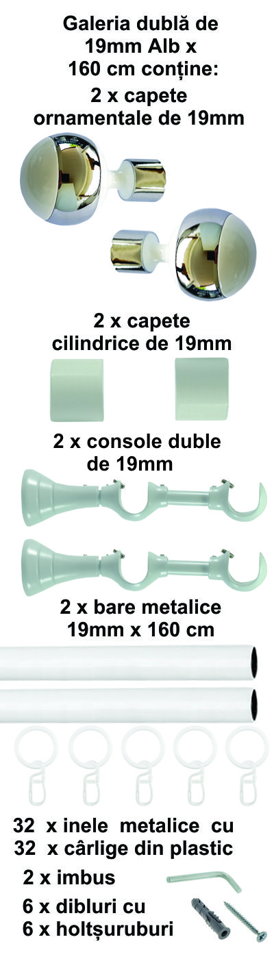 Galerie metalica Mirror dubla 19 mm, Alb - imagine 2