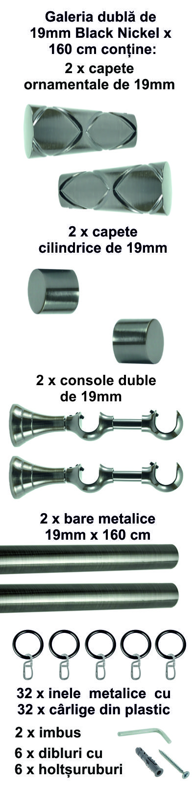 Galerie metalica Zeus dubla 19 mm, Black Nickel