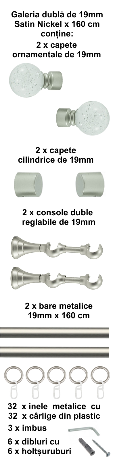Galerie metalica Buble dubla 19 mm, satin nichel (argintiu mat) - imagine 2