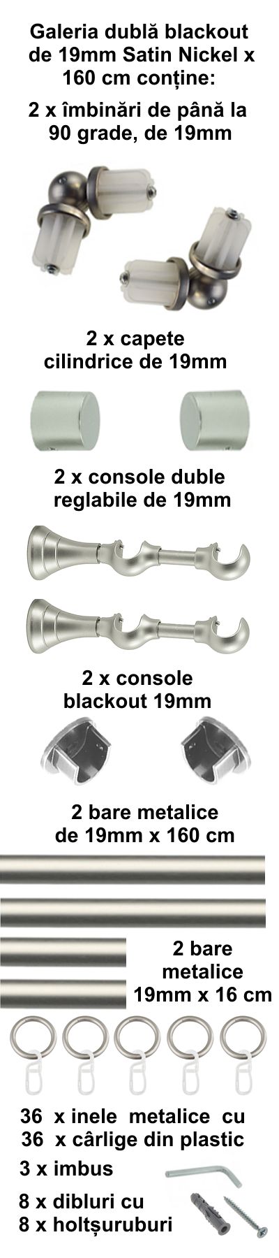 Galerie metalica Blackout dubla 19 mm, satin nickel (argintiu mat) - imagine 2