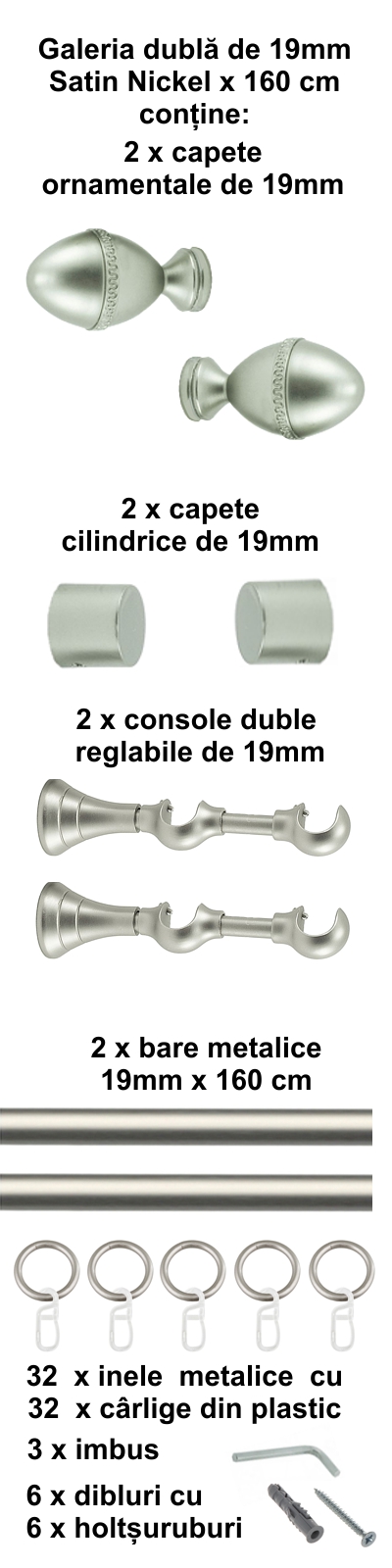 Galerie metalica Cezar dubla 19 mm, satin nichel (argintiu mat) - imagine 2