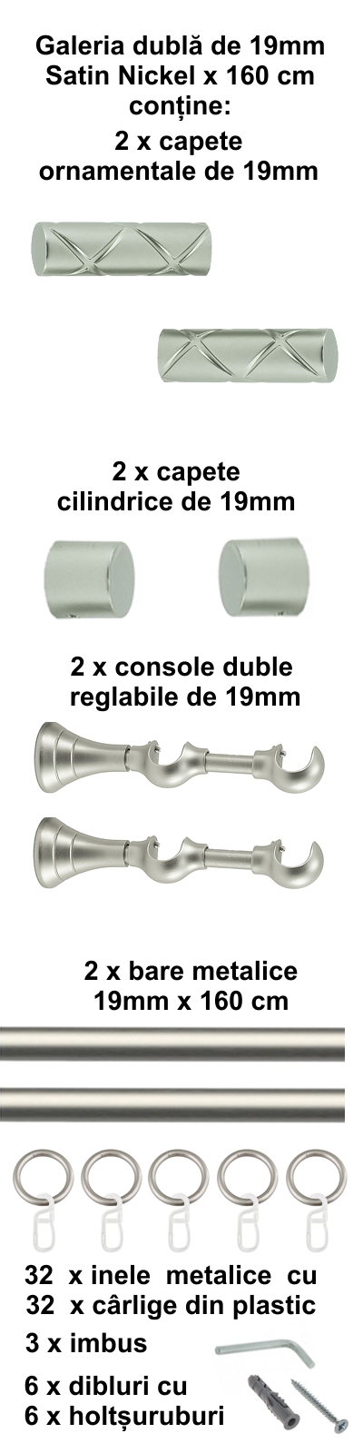 Galerie metalica Ciel dubla 19 mm, satin nichel (argintiu mat) - imagine 2