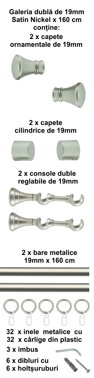 Galerie metalica Conic dubla 19 mm, satin nichel (argintiu mat) - imagine 2