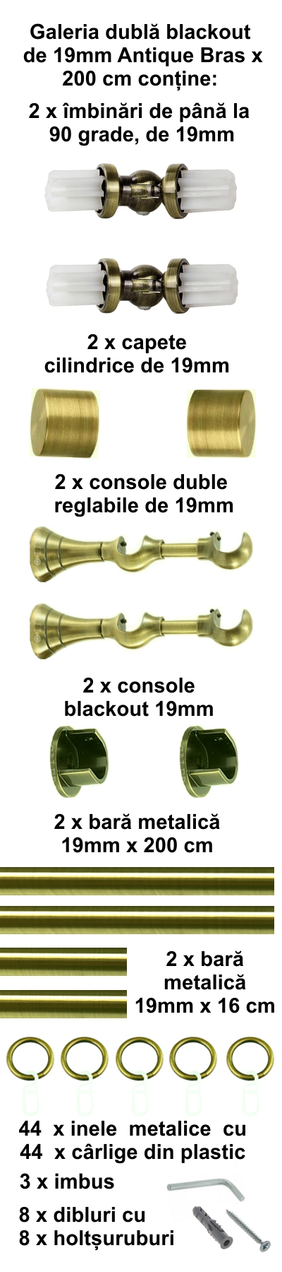 Galerie metalica Blackout dubla 19 mm, antique brass (auriu antic) - imagine 3