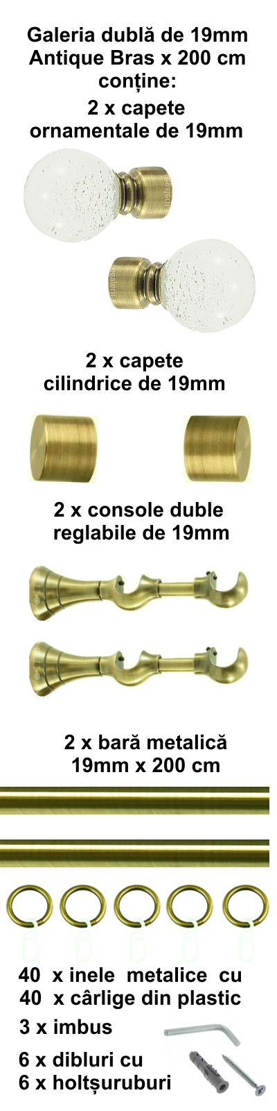 Galerie metalica Buble dubla 19 mm, antique brass (auriu antic) - imagine 3