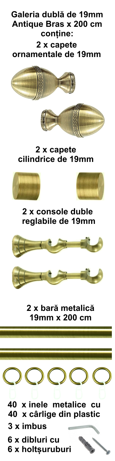 Galerie metalica Cezar dubla 19 mm, antique brass (auriu antic) - imagine 3