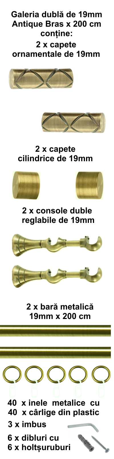 Galerie metalica Ciel dubla 19 mm, antique brass (auriu antic) - imagine 3