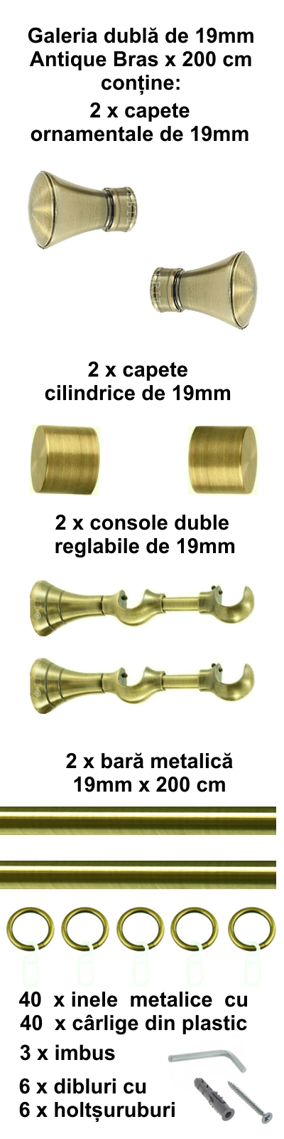 Galerie metalica Conic dubla 19 mm, antique brass (auriu antic) - imagine 3