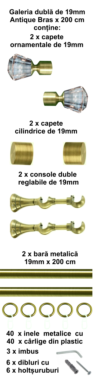 Galerie metalica Cristal dubla 19 mm, antique brass (auriu antic) - imagine 3