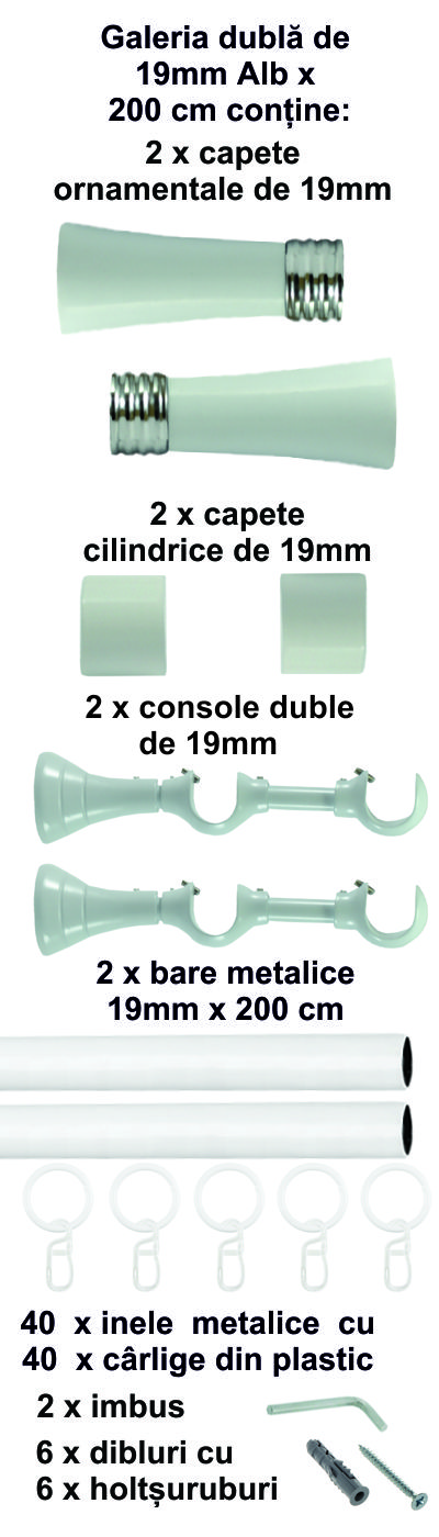 Galerie metalica Ahile dubla 19 mm, Alb - imagine 4