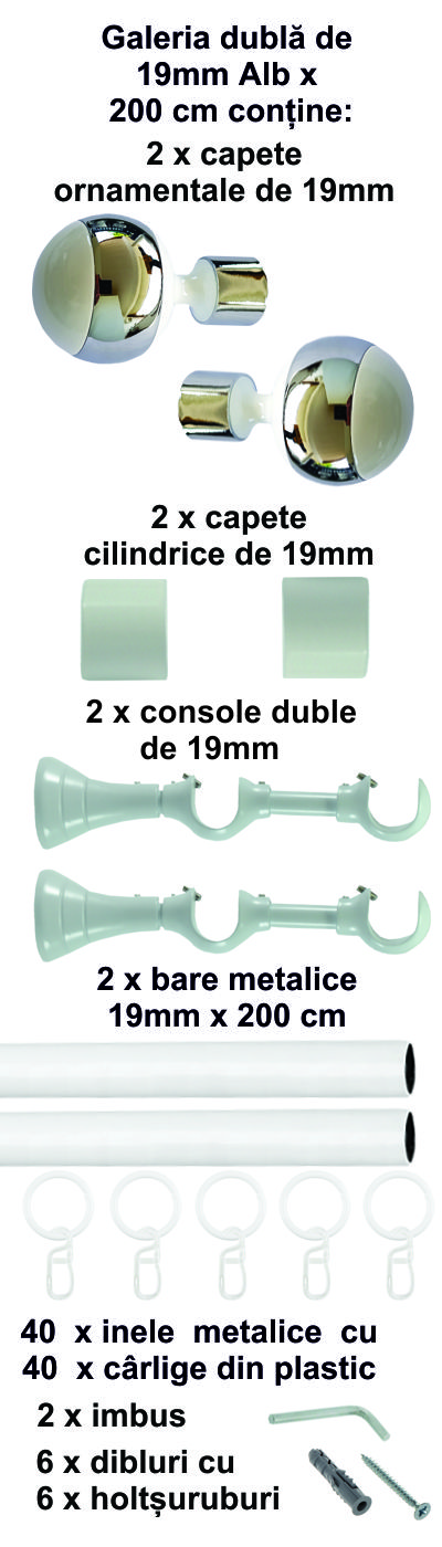 Galerie metalica Mirror dubla 19 mm, Alb - imagine 4
