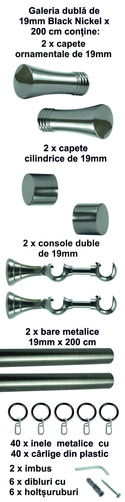 Galerie metalica Ahile dubla 19 mm, Black Nickel - imagine 3