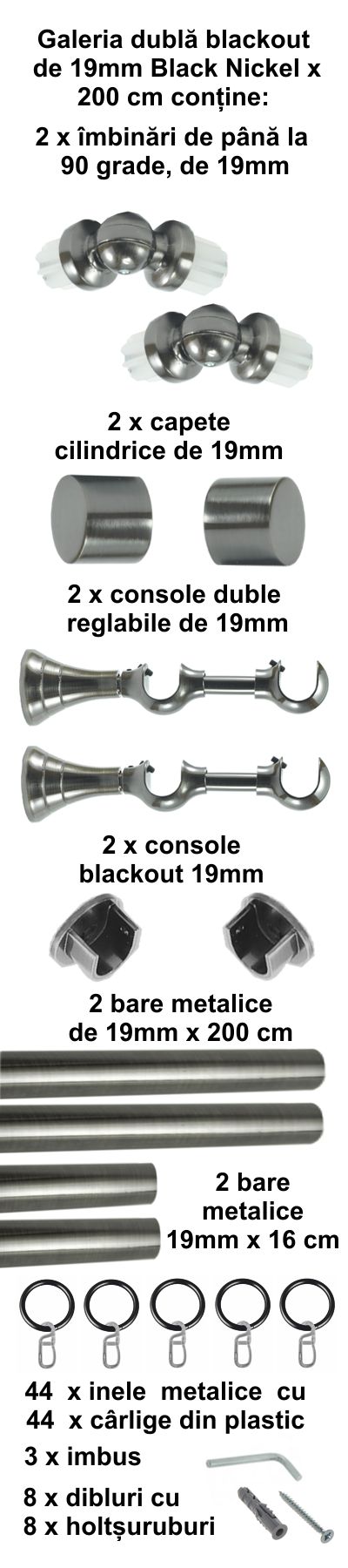 Galerie metalica Blackout dubla 19 mm, Black Nickel - imagine 4