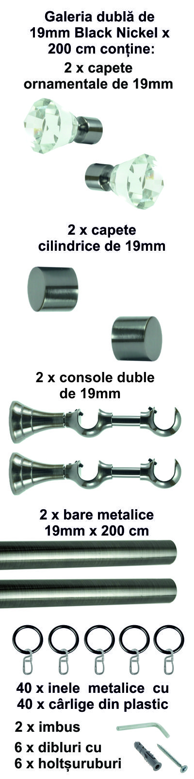 Galerie metalica Cristal dubla 19 mm, Black Nickel - imagine 4