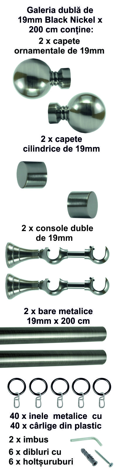 Galerie metalica Kalisto dubla 19 mm, Black Nickel - imagine 4