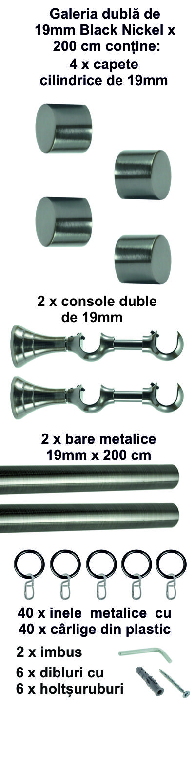 Galerie metalica Luna dubla 19 mm, Black Nickel - imagine 3