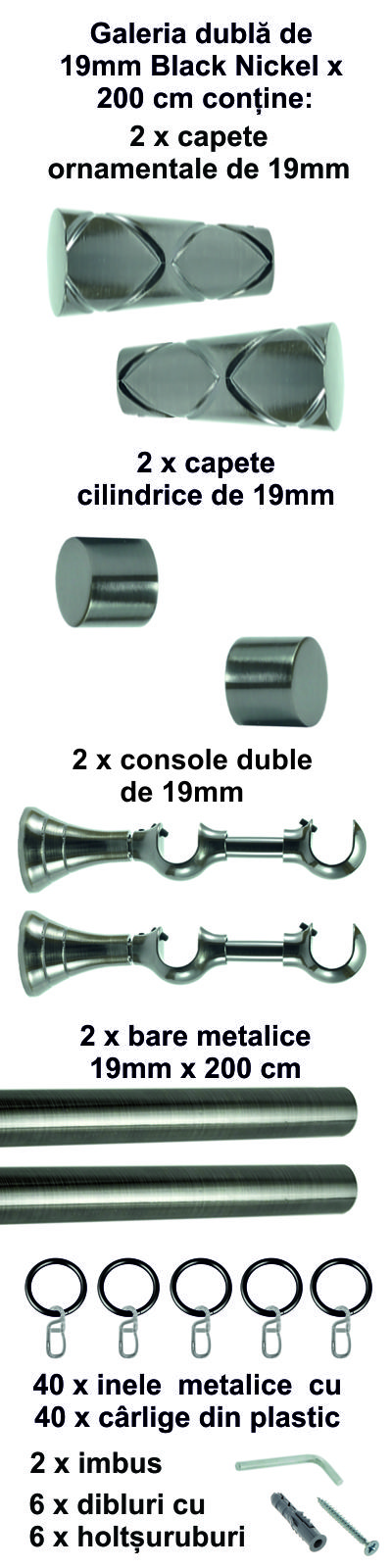 Galerie metalica Zeus dubla 19 mm, Black Nickel - imagine 3