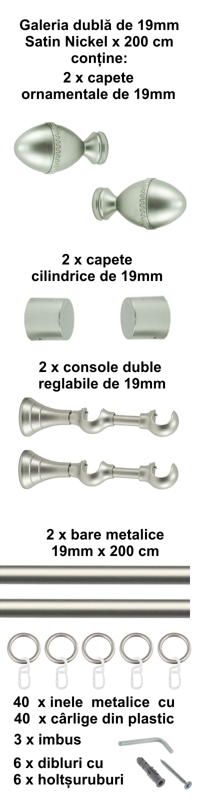 Galerie metalica Cezar dubla 19 mm, satin nichel (argintiu mat) - imagine 4