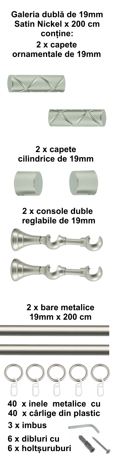 Galerie metalica Ciel dubla 19 mm, satin nichel (argintiu mat) - imagine 4