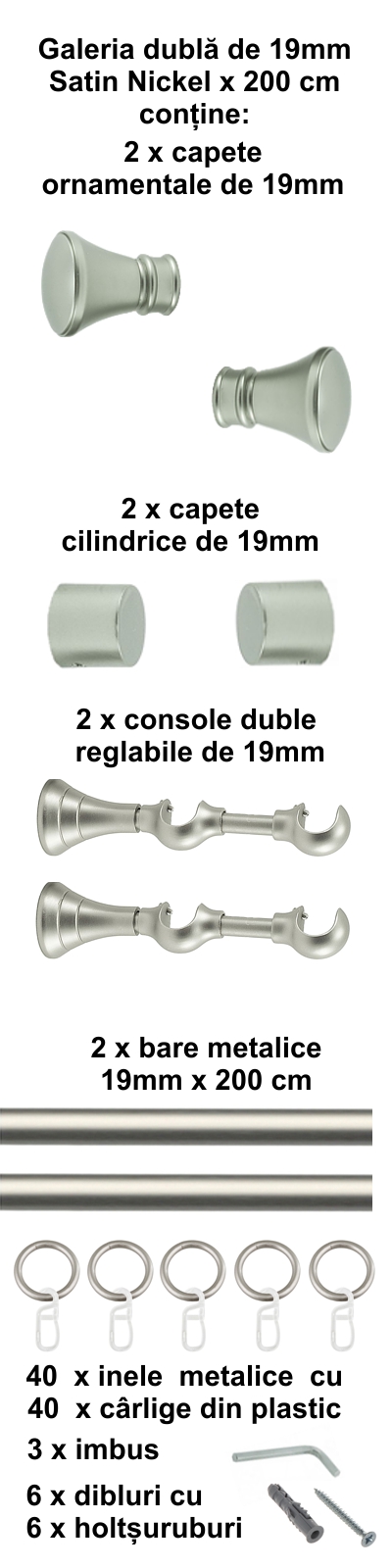 Galerie metalica Conic dubla 19 mm, satin nichel (argintiu mat) - imagine 4