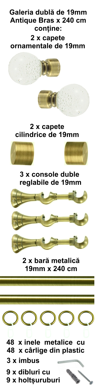 Galerie metalica Buble dubla 19 mm, antique brass (auriu antic) - imagine 4