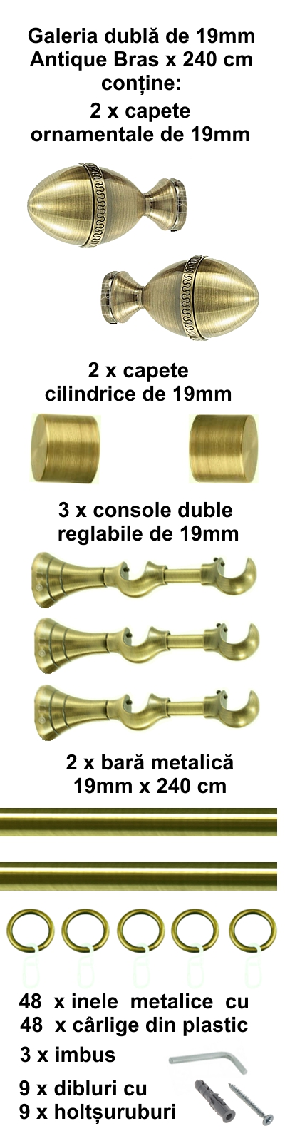 Galerie metalica Cezar dubla 19 mm, antique brass (auriu antic) - imagine 4
