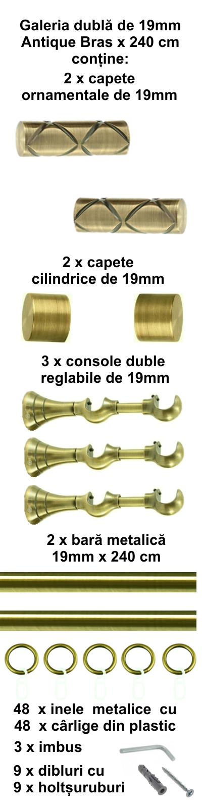 Galerie metalica Ciel dubla 19 mm, antique brass (auriu antic) - imagine 4