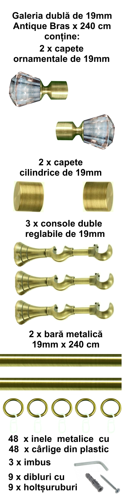 Galerie metalica Cristal dubla 19 mm, antique brass (auriu antic) - imagine 4