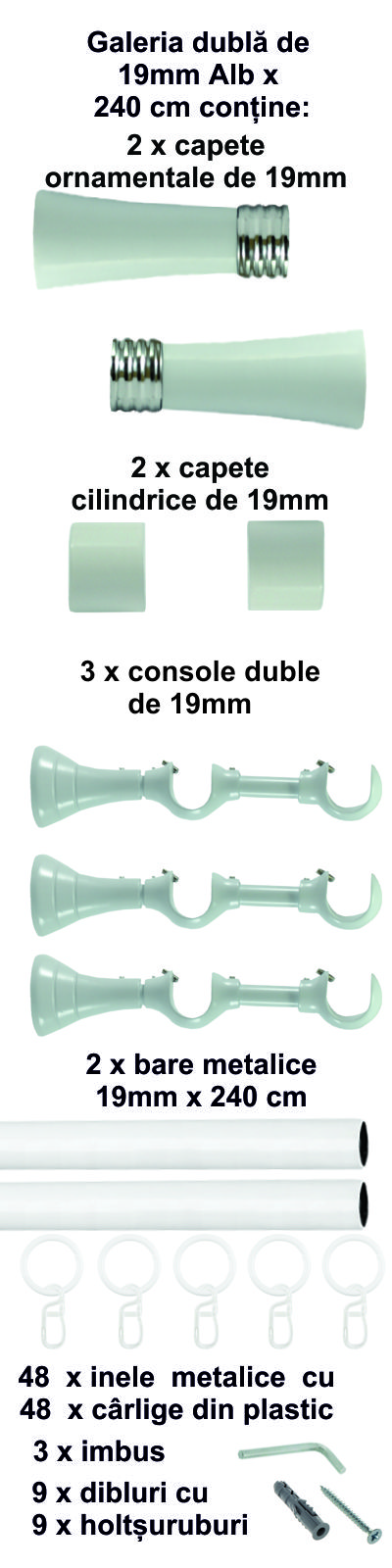 Galerie metalica Ahile dubla 19 mm, Alb - imagine 5