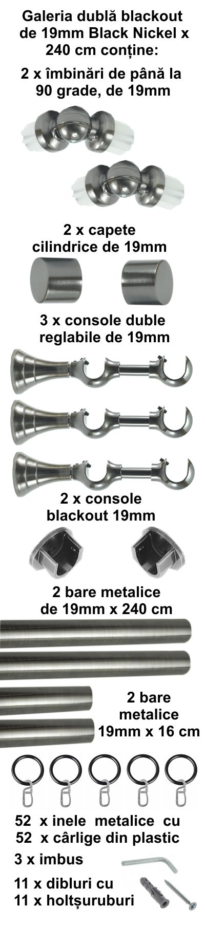 Galerie metalica Blackout dubla 19 mm, Black Nickel - imagine 5