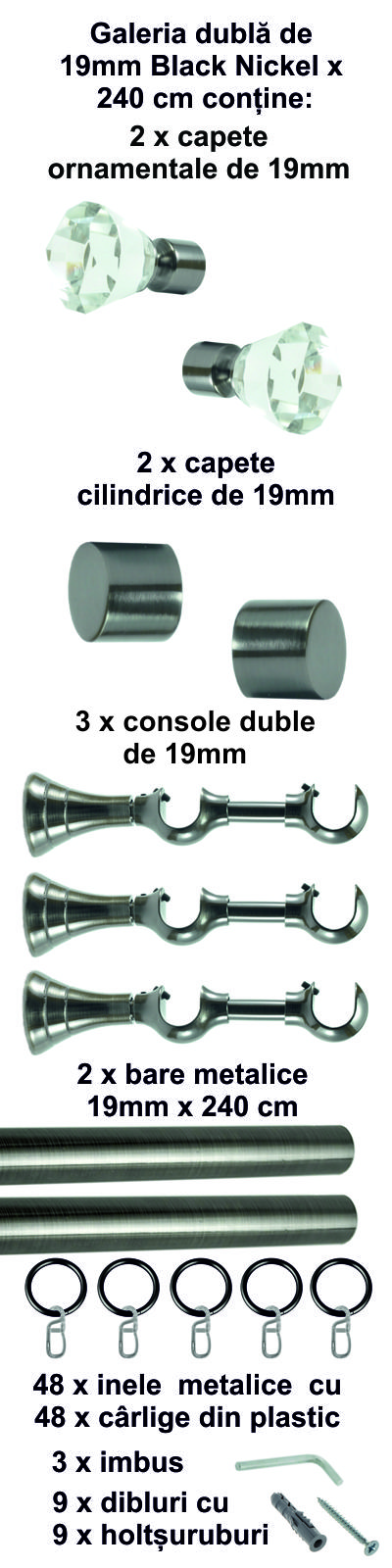 Galerie metalica Cristal dubla 19 mm, Black Nickel - imagine 5