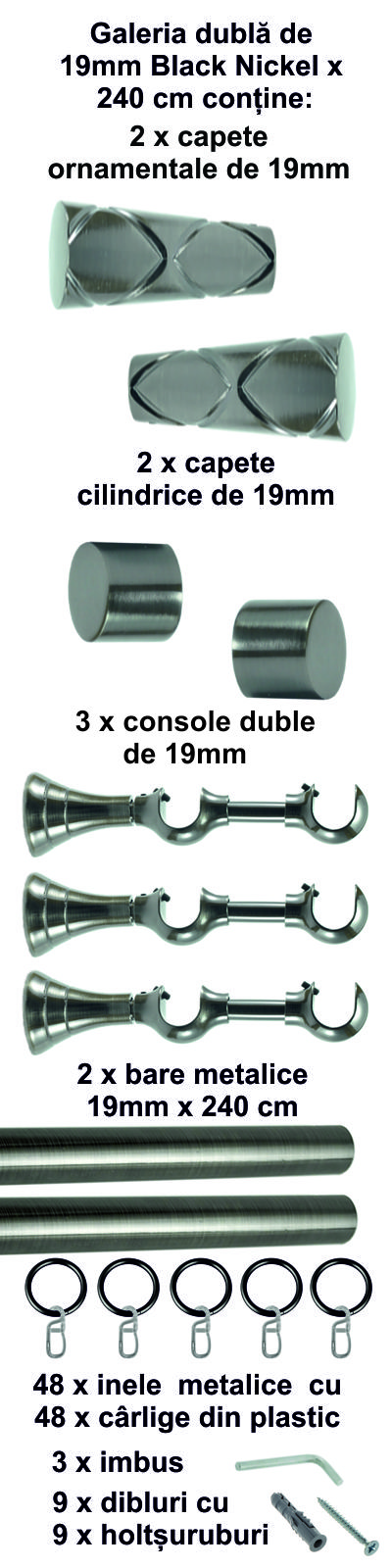Galerie metalica Zeus dubla 19 mm, Black Nickel - imagine 4
