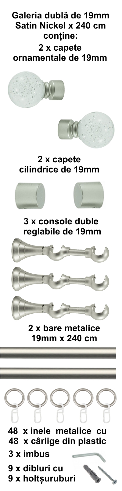 Galerie metalica Buble dubla 19 mm, satin nichel (argintiu mat) - imagine 5