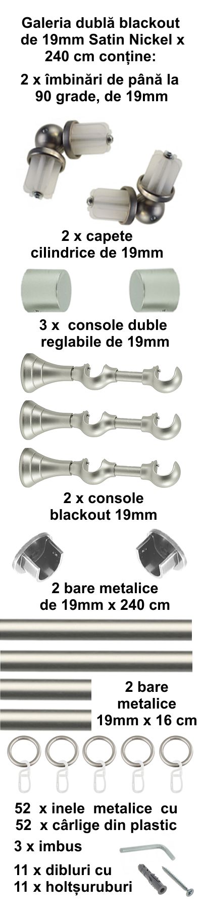 Galerie metalica Blackout dubla 19 mm, satin nickel (argintiu mat) - imagine 5