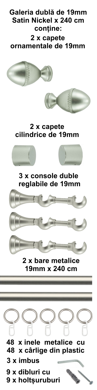 Galerie metalica Cezar dubla 19 mm, satin nichel (argintiu mat) - imagine 5