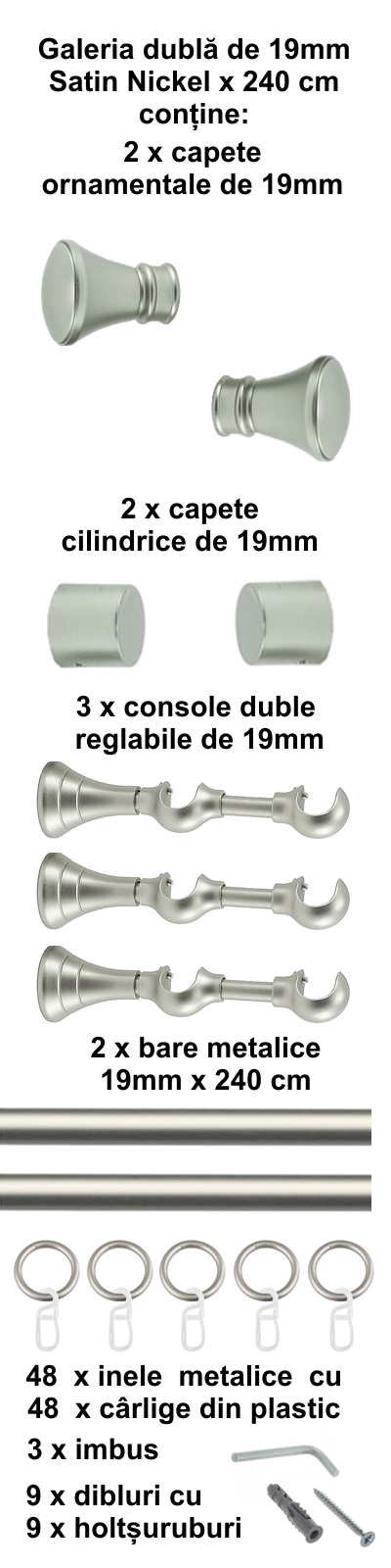 Galerie metalica Conic dubla 19 mm, satin nichel (argintiu mat) - imagine 5
