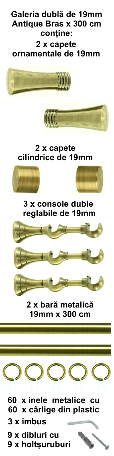 Galerie metalica Ahile dubla 19 mm, antique brass (auriu antic) - imagine 5