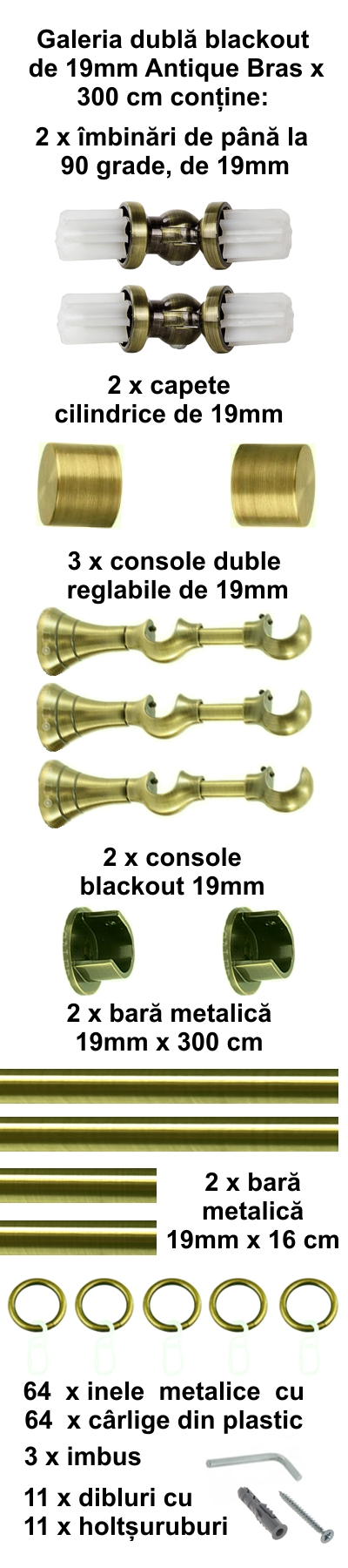 Galerie metalica Blackout dubla 19 mm, antique brass (auriu antic) - imagine 5