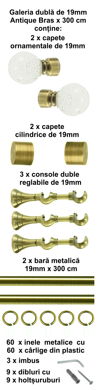 Galerie metalica Buble dubla 19 mm, antique brass (auriu antic) - imagine 5