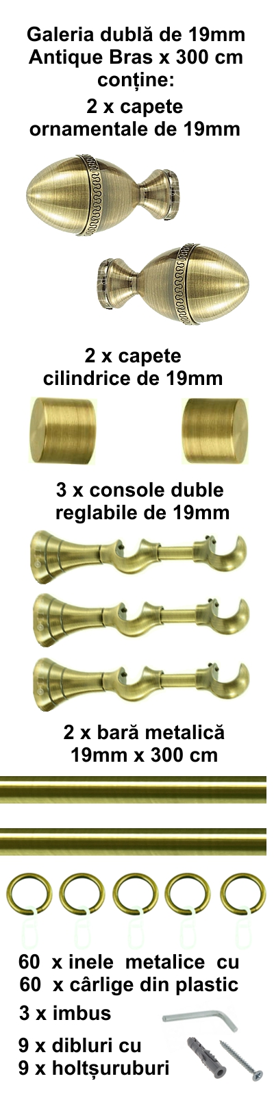 Galerie metalica Cezar dubla 19 mm, antique brass (auriu antic) - imagine 5