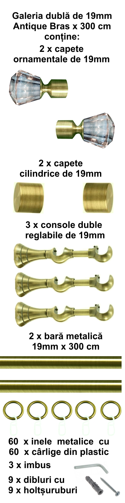 Galerie metalica Cristal dubla 19 mm, antique brass (auriu antic) - imagine 5