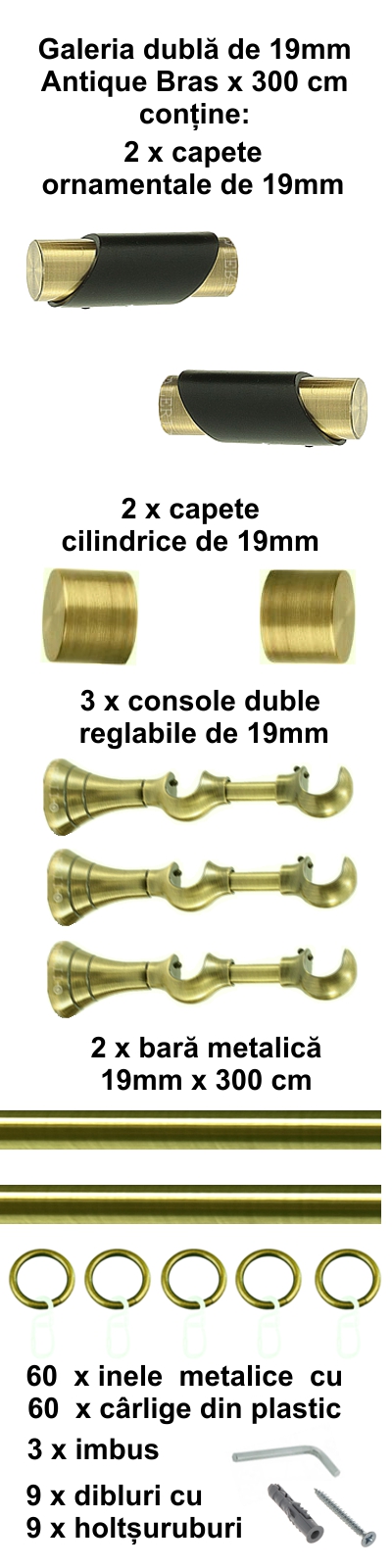 Galerie metalica Paris dubla 19 mm, antique brass (auriu antic) - imagine 5