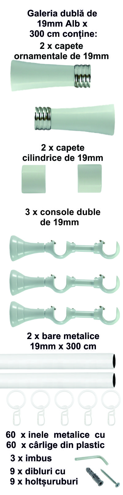 Galerie metalica Ahile dubla 19 mm, Alb - imagine 6