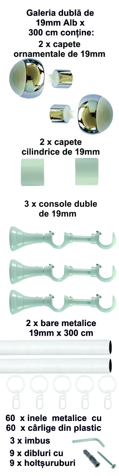 Galerie metalica Mirror dubla 19 mm, Alb - imagine 6