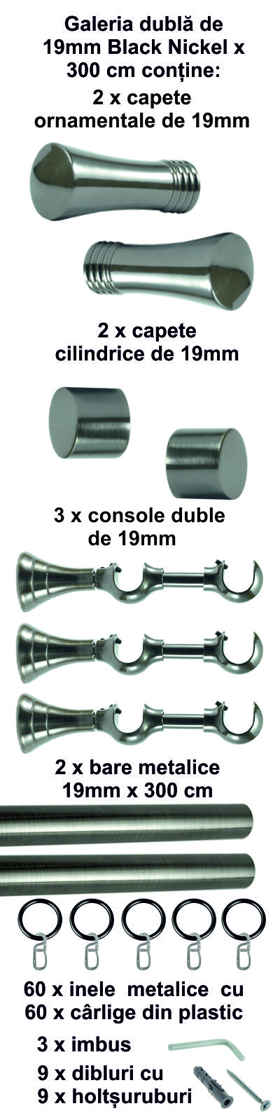 Galerie metalica Ahile dubla 19 mm, Black Nickel - imagine 5