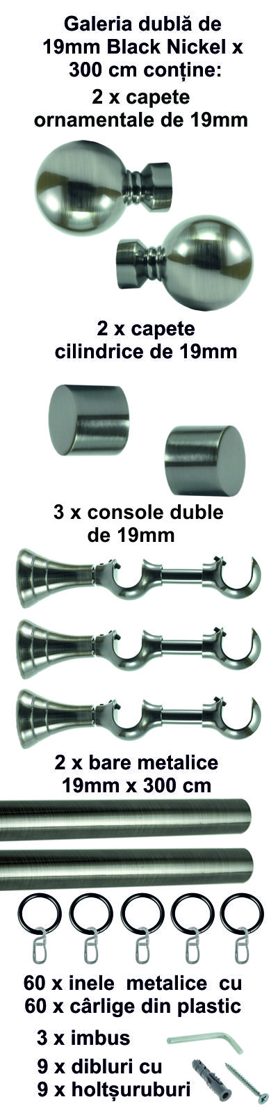 Galerie metalica Kalisto dubla 19 mm, Black Nickel - imagine 6