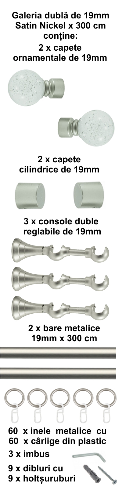 Galerie metalica Buble dubla 19 mm, satin nichel (argintiu mat) - imagine 6